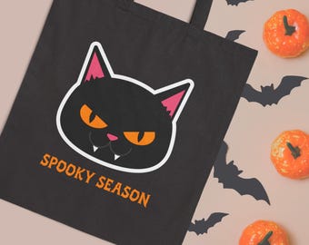Bolsa de Halloween con diseño de gato negro: bolsa de lona de algodón espeluznante para pedir dulces