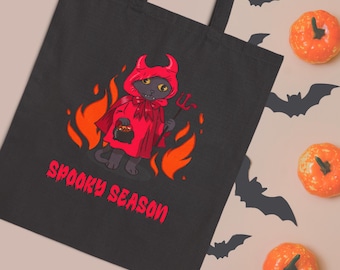 Bolsa de tela de Halloween con diseño de gato negro y diablo: lona de algodón espeluznante para pedir dulces