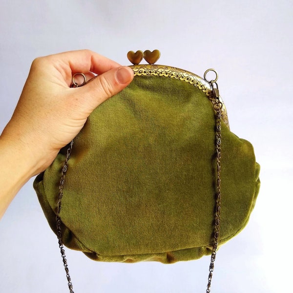 Moss green velvet kisslock frame bag with heart clasp and chain or leather strap