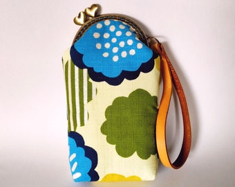 Glasses case, kiss lock purse, with green and blue flowers Japanese fabric