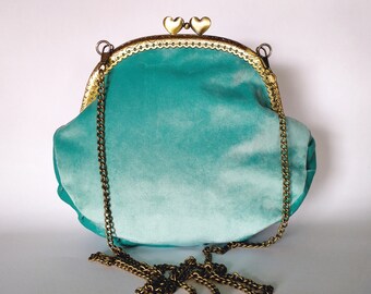 Glacial blue velvet kisslock frame bag with heart clasp and chain or leather strap