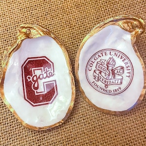 May include: Two white oyster shell ornaments with gold trim. One has a red and white Colgate University logo with the text "Colgate University Deo et Veritati Founded 1819". The other has a red "C" with the text "gate" in white.