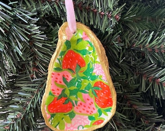 Vintage Strawberries Oyster Shell Ornament, Trinket Dish
