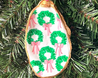 Preppy Christmas Wreath Oyster Shell Ornament, Pink and Green