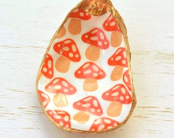 Whimsical Red Mushrooms Oyster Shell, Trinket Dish or Ornament, Handmade