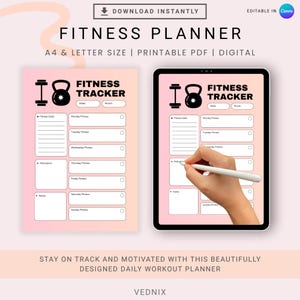 Könnte beinhalten: Ein digitaler Fitnessplaner mit einem rosa-weißen Farbverlauf im Hintergrund. Der Planer enthält Abschnitte für Fitnessziele, tägliche Workouts und Notizen. Der Text "FITNESS PLANNER" steht oben.
