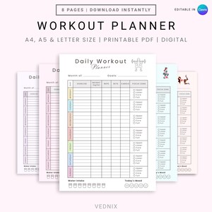 May include: A digital workout planner with a white background and colorful accents. The planner includes sections for daily exercises, weight, reps, sets, cardio, and focus zones. Text includes "Workout Planner" and "Daily Workout Planner".
