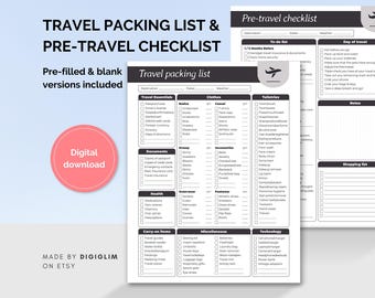 May include: Black and white printable travel packing list and pre-travel checklist. The checklist includes sections for travel essentials, documents, health, carry-on items, miscellaneous, technology, clothes, toiletries, outerwear, footwear, and notes. The pre-travel checklist includes sections for 1-3 months before, to-do list, and day of travel.