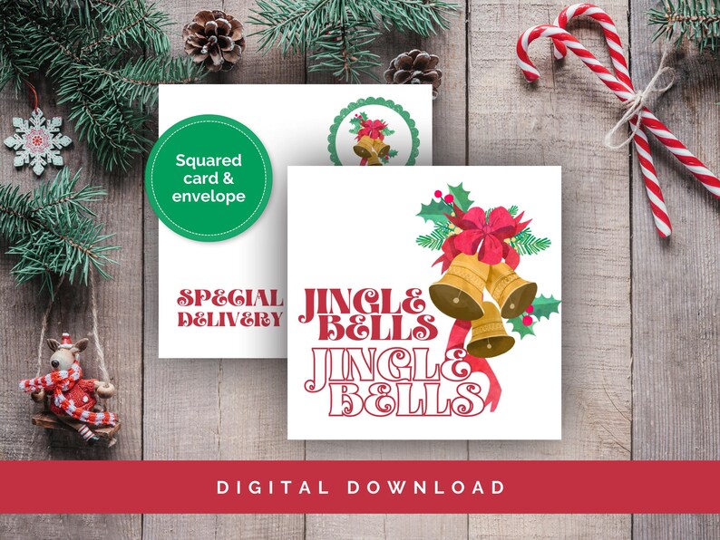 Jingle Bells Christmas Card Printable Holiday Greetings (digital