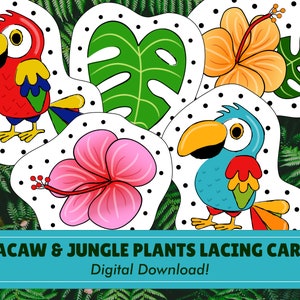 Cartes de laçage Ara & Jungle Plants | Téléchargement numérique | Inspiré Montessori | Préscolaire