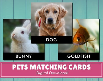 May include: Three printable matching cards featuring a white bunny, a golden retriever dog, and a goldfish. The cards have the words "Bunny", "Dog", and "Goldfish" printed on them. The cards are part of a set called "Pets Matching Cards" and are for digital download.
