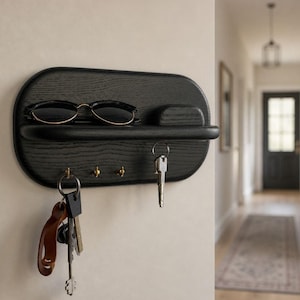 Key Holder: Wall-Mounted Wooden Shelf with Hooks and Magnetic Key Storage Rack