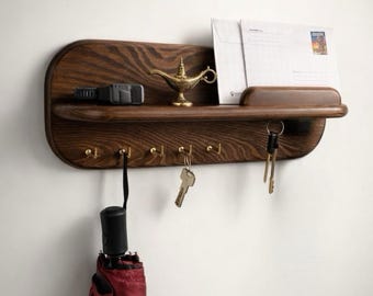 Houten sleutelhouder met plank: opberger voor aan de muur voor sleutels, tassen en kleine spullen