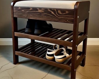 Shoe Bench: Wooden Bench with Hidden Storage & Cushioned Seat in Oak or Pine