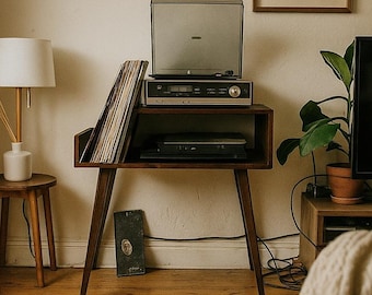 Sleek Wooden Record Stand: Turntable Display and Vinyl Storage Shelf