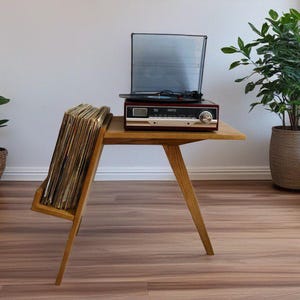 sleek wood turntable stand with vinyl storage - retro-inspired record player cabinet,  minimalist vinyl record stand with a modern style