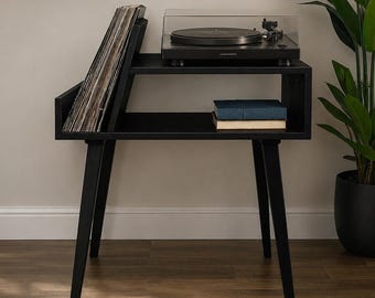 Mid Century Record Player Stand: Wooden Vinyl Storage Table, Tiered Display Cabinet