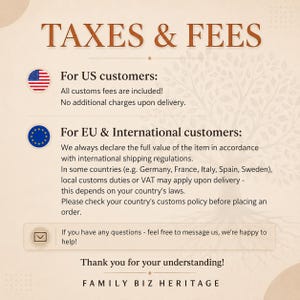 May include: An informational graphic titled TAXES & FEES with a light beige background and a faint tree illustration. It features text regarding US and international customs policies, an envelope icon, and the text FAMILY BIZ HERITAGE at the bottom.