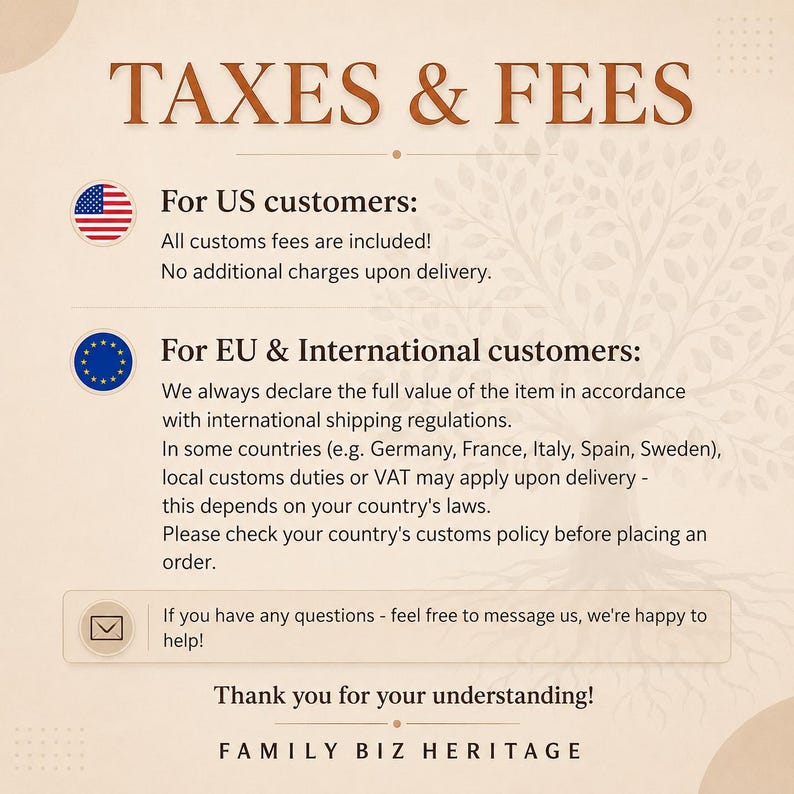 May include: An informational graphic titled TAXES & FEES with a light beige background and a faint tree illustration. It features text regarding US and international customs policies, an envelope icon, and the text FAMILY BIZ HERITAGE at the bottom.