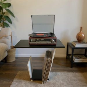 Record Player Stand: Wooden Record Cabinet with Black White Console Design image 15