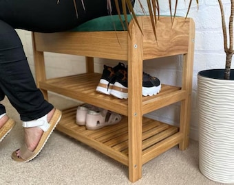 Wooden Shoe Bench with Storage: Oak or Pine Entryway Bench (Cushioned Seat)