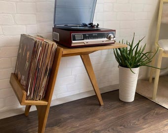 Platenspelerstandaard: houten vinyl opberghouder voor platenspeler en mediaconsole