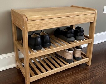 Wooden Shoe Bench: Dual-Tier Shelves & Hidden Compartment Storage Rack