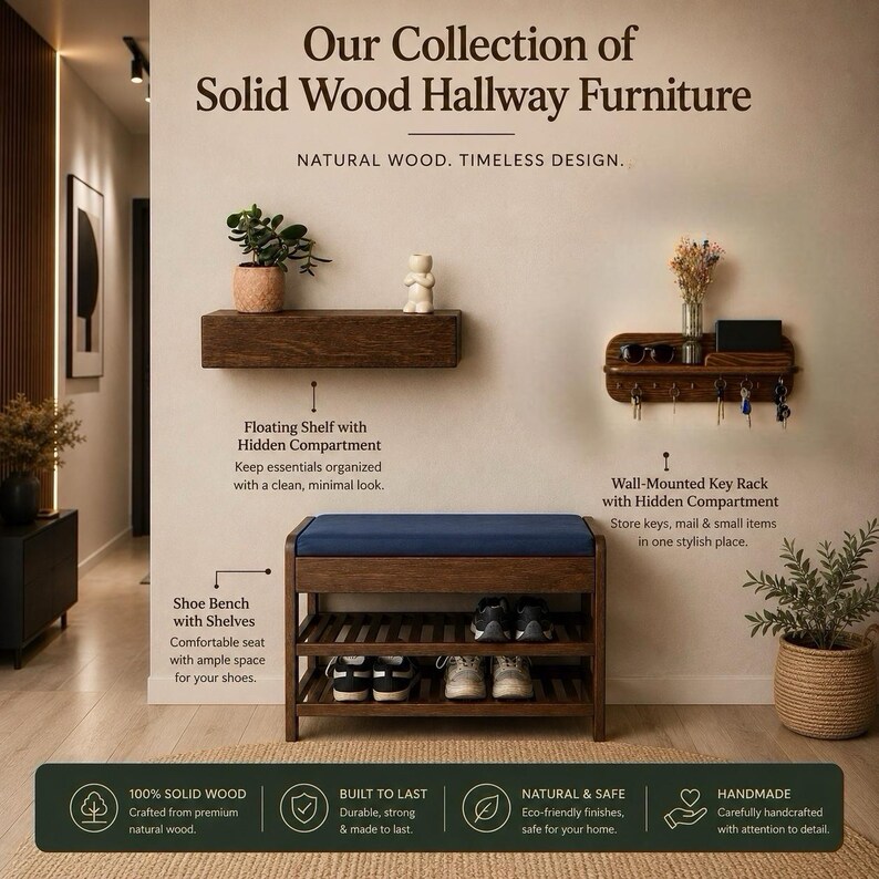 May include: A collection of solid wood hallway furniture including a floating shelf with a hidden compartment, a wall-mounted key rack with a hidden compartment, and a shoe bench with a blue upholstered seat and two slatted storage shelves.