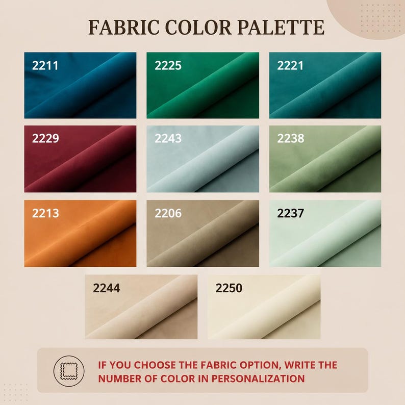 May include: A fabric color palette chart displaying eleven swatches of textile in various shades including teal, emerald, burgundy, sage, orange, beige, and cream. Each swatch is labeled with a numerical code. Text reads: FABRIC COLOR PALETTE.