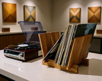 Suporte para discos de vinil: Expositor de madeira para coleção de vinil, moderno, com capacidade para 60 discos.