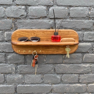 Wooden key holder for wall with floating shelf. Key hook board for entryway.  Floating shelf organizer for keys. Small key holder
