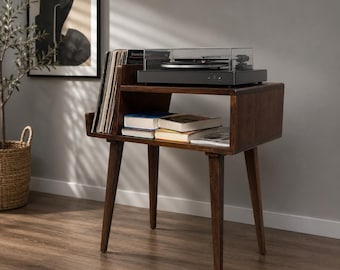 Record Player Stand: Wooden Vinyl Storage and Turntable Cabinet, Mid Century Rack