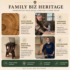 May include: An infographic titled FAMILY BIZ HERITAGE featuring text about handcrafted solid wood furniture. It displays a wood grain texture, a person using a power tool, a dark brown wooden record player stand, and a person standing in a workshop.