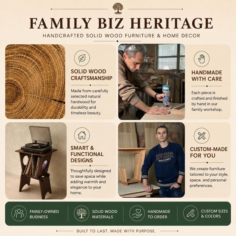 May include: An infographic titled FAMILY BIZ HERITAGE featuring text about handcrafted solid wood furniture. It displays a wood grain texture, a person using a power tool, a dark brown wooden record player stand, and a person standing in a workshop.