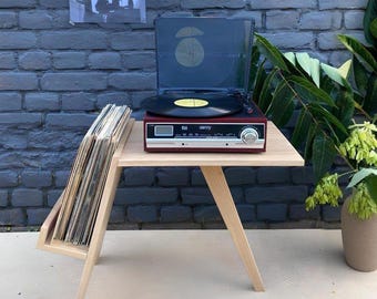Houten platenspelerstandaard met vinyl opberger: plank van eiken of grenen platenspeler