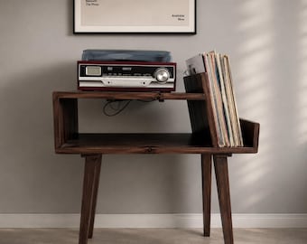 Record Player Stand: Mid Century Vinyl Cabinet with Record Display Shelf
