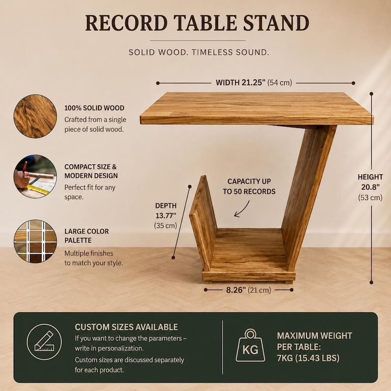May include: A solid wood record table stand with a C-shaped profile. Dimensions are 21.25 inches wide, 20.8 inches high, 13.77 inches deep, and 8.26 inches at the base. It features a storage section for up to 50 records and supports 15.43 lbs.