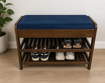 Wooden Shoe Bench with Cushion: Entryway Storage Seat in Oak or Pine