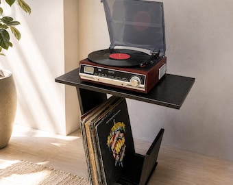 Supporto per giradischi: contenitore in legno per dischi in vinile con ripiano espositivo, supporto moderno per giradischi