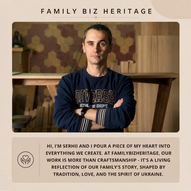 May include: A person wearing a navy blue long-sleeve sweatshirt with the text DIVERSE ATHLETIC DEPT in yellow and white. The image includes the text FAMILY BIZ HERITAGE and a personal statement about craftsmanship, tradition, and the spirit of Ukraine.