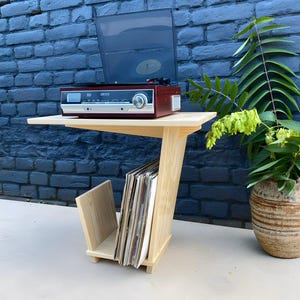 Record player stand with vinyl storage made of solid wood / mid century modern vinyl storage