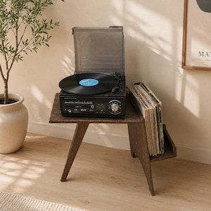 レコードプレーヤースタンド：ターンテーブル棚付き木製レコード収納、エレガントな音楽ディスプレイ