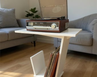 Platenspelerstandaard: Moderne eikenhouten tafel voor draaitafel en albumpresentatie