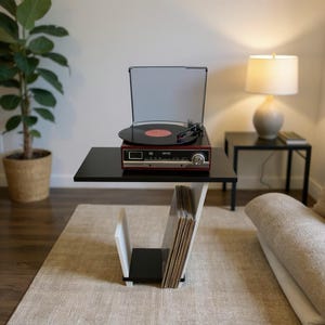 Record Player Stand: Wooden Record Cabinet with Black White Console Design image 13