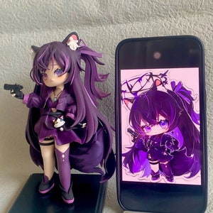 May include: A purple anime character figurine with a gun, cat ears, and a ponytail. The figurine is standing on a black base. The figurine is next to a smartphone with a similar image on the screen.
