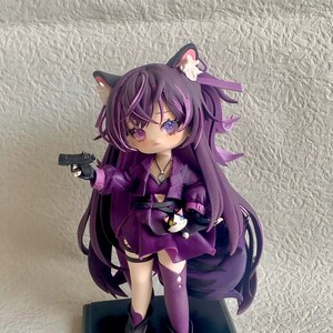 May include: Purple anime figurine with cat ears, holding a black gun, wearing a purple dress and boots, standing on a black base.