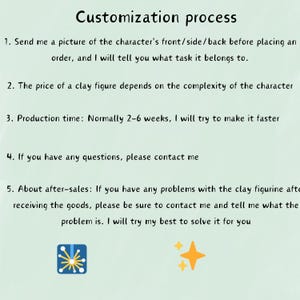 May include: A light blue background with black text outlining the customization process for clay figures. The text includes information about sending a picture of the character, pricing, production time, and after-sales support.