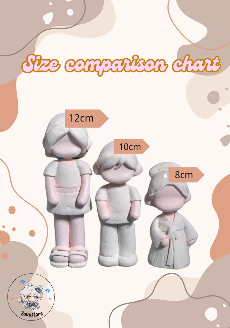 May include: Size comparison chart of three white figurines. The figurines are 12 cm, 10 cm, and 8 cm tall.