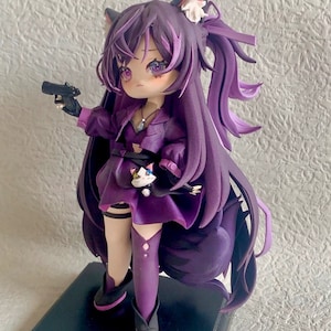 May include: Purple anime figurine with cat ears, holding a gun and wearing a purple dress and boots. The figurine is standing on a black base.