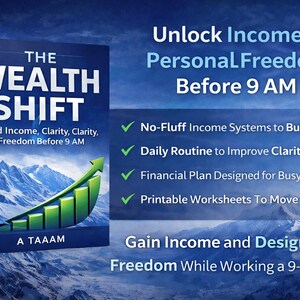 以下が含まれることがあります： 「The Wealth Shift」というタイトルの本の表紙。テキストは「Build Income, Clarity, Freedom Before 9 AM」と書かれています。表紙には緑色のグラフが描かれています。追加のテキストには「Unlock Income & Personal Freedom Before 9 AM」が含まれています。